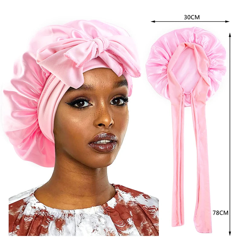 Neue Satin Schlafmütze Für Frauen Feste Breite Band Stretch Kopf Krawatte Seidige Motorhaube Rand Wrap Schlummertrunk Haarpflege Dusche Kopf Abdeckung