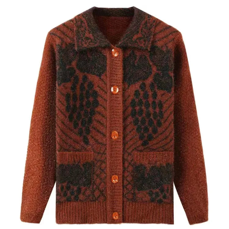 Lässiger Stil Dicker Jacquard-Strick-Cardigan für Ältere Frauen Warmer Mantel für Mütter und Großmütter