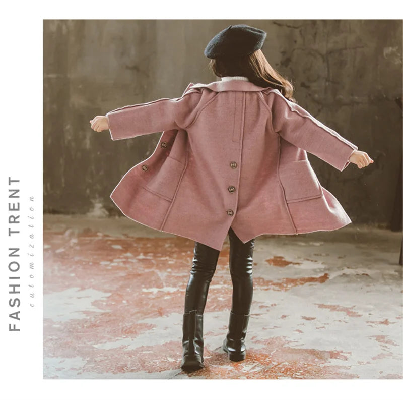 Mädchen Wolle warme Mäntel Kinder Herbst Winter lässige Oberbekleidung Kinder feste Farbe Mode Jacke Teen Turndown Kragen Kleidung