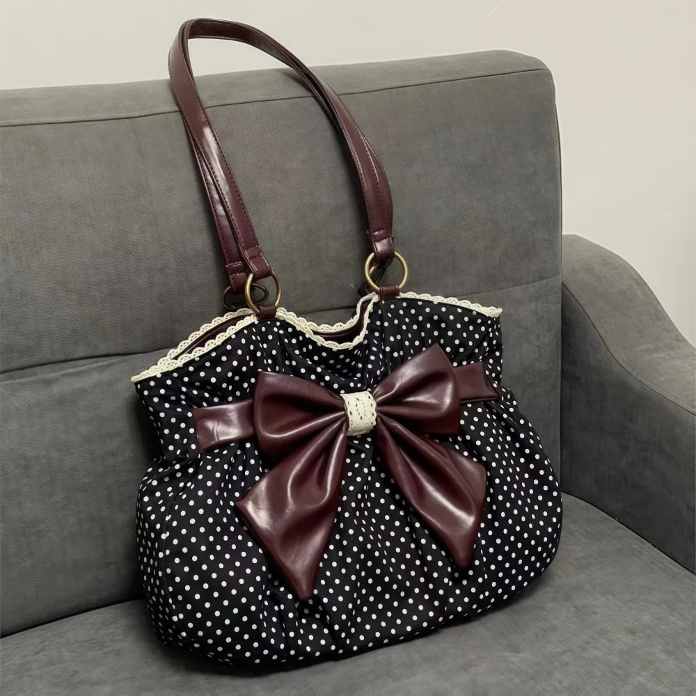 Trendy Vintage Damen Bogen Handtasche Y2k Casual Chic Lady Schultertaschen Ästhetische Dot All Match Ins Unterarmtasche Streetwear