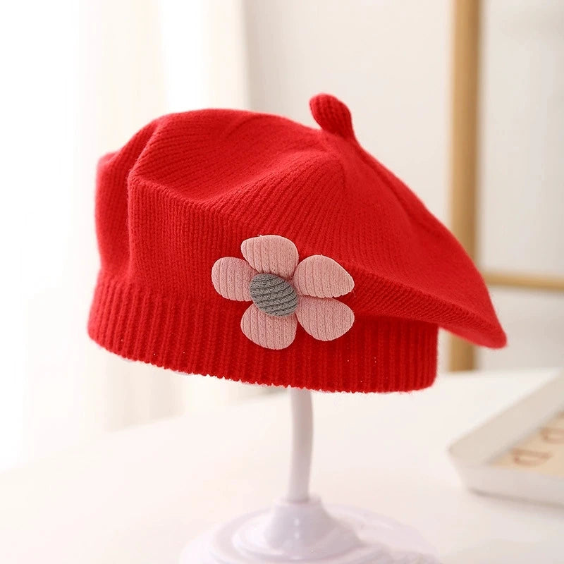 Blume Baby Baskenmütze Hut Winter Warme Gestrickte Beanie Cap für Kleinkind Mädchen Koreanische Kleinkind Prinzessin Künstler Einfarbig Maler Kappen