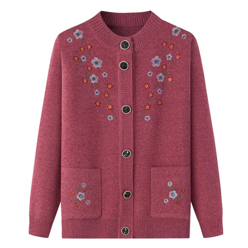 Frühling Herbst Top Frauen Ältere Mutter der Bestickt Gestrickte Pullover Oma Winter Plus Samt Dicke Strickjacke Mantel XL-4XL