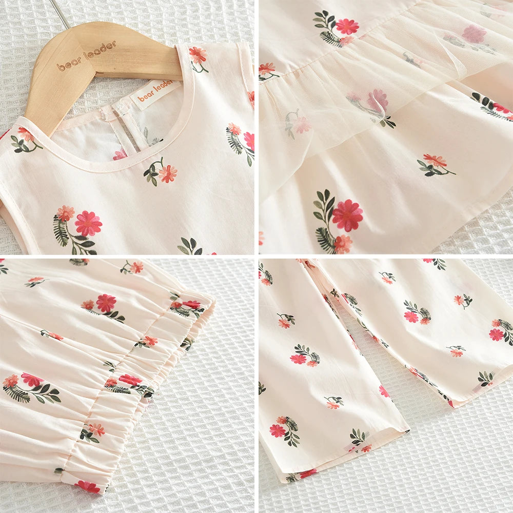 Bear Leader Baby-Mädchen-Freizeitkleidung, Rundhalsausschnitt, ärmelloses Polka-Dot-Oberteil + Hose mit weitem Bein, 2-teiliges Set mit Schleife und Knopf