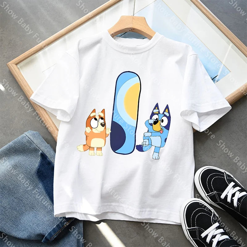 Blueys T-Shirt für Jungen und Mädchen, Cartoon-Buchstaben A-Z, Namenskleidung, Oberteile, Sommer, atmungsaktiv, niedliches Anime-Kurzarmshirt, neue Geburtstagsgeschenke
