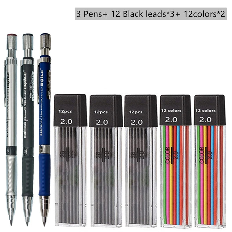 Druckbleistift-Set 2,0 mm mit 2B-Schwarz/Farben-Minenminen zum Schreiben, Skizzieren, Kunst, Zeichnen, Malen, Schule, automatischer Bleistift