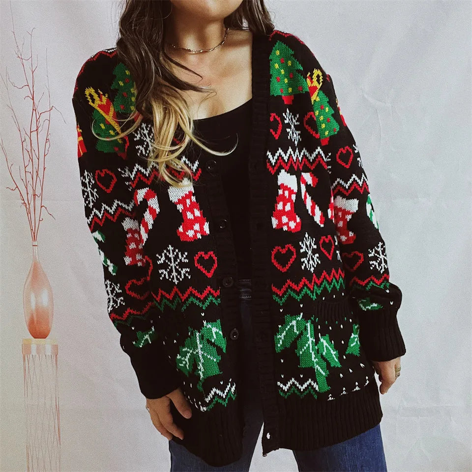 Frauen Herbst Modus 2025 Weihnachten Themed Gedruckt Strickjacke Mit Knöpfen V-ausschnitt Mit Langen ärmeln Pullover Strickjacke Mujer Abbigliamento Donna
