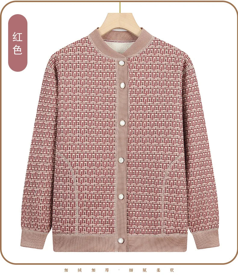 Verdicken Samt Plaid Pullover Für Frau Langarm Top Heißer Herbst Winter Oma Kleidung Warme Strickjacke Frauen Strickwaren Jacke