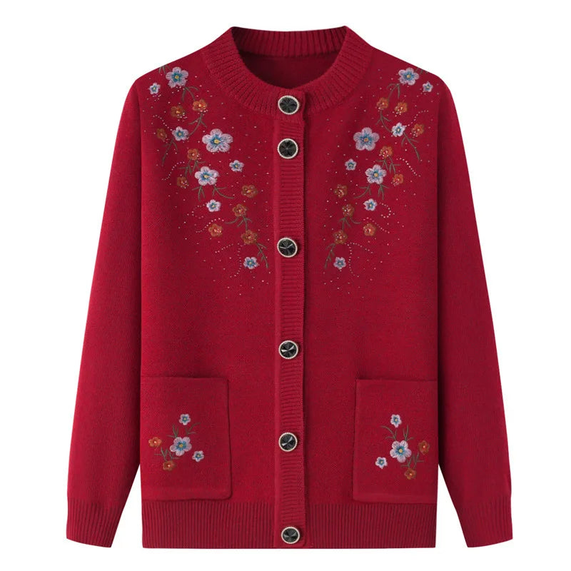 Frühling Herbst Top Frauen Ältere Mutter der Bestickt Gestrickte Pullover Oma Winter Plus Samt Dicke Strickjacke Mantel XL-4XL