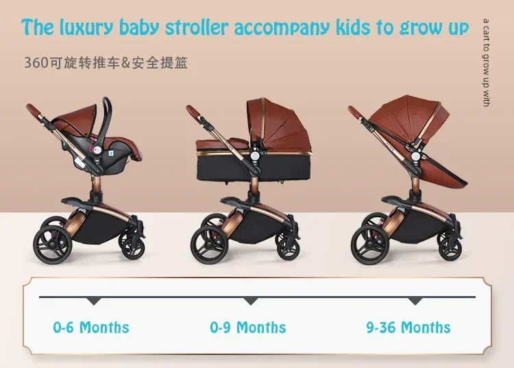 Kinderwagen 3in1 mit abnehmbarem Korb im Autositz. Hochformatige Eierschale aus PU-Leder, Babywagen, Luxuswagen für Babyautos