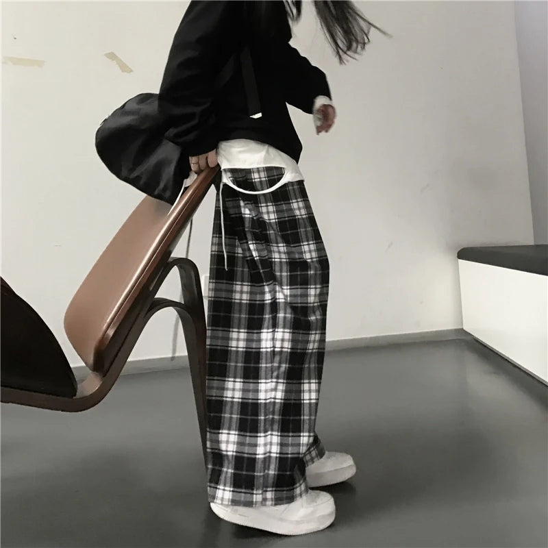Oversize Frauen Jogginghose Mode Schwarz Plaid Casual Hosen Baggy Elastische Taille Taschen Student Unisex Hip Hop Lose Hosen