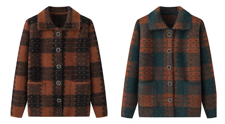 Casual Plaid Herbst Winter Kleidung Mittleren Alters Mutter Pullover Strickwaren Tops Verdicken Oma Warm Woolen Mantel Frauen Strickjacke