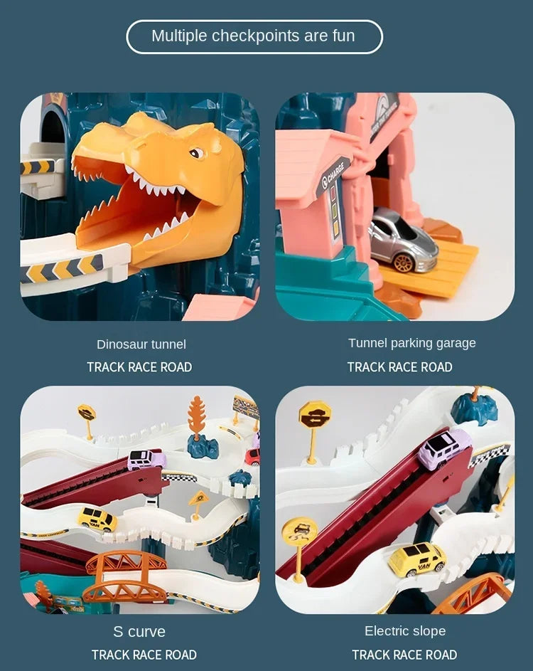 Elektrische Schienenauto Dinosaurier Gebäude Parkplatz Abenteuer Racing Schienenauto Spielzeug Kinder Gehirn Mechanische Interaktive Schienenautos