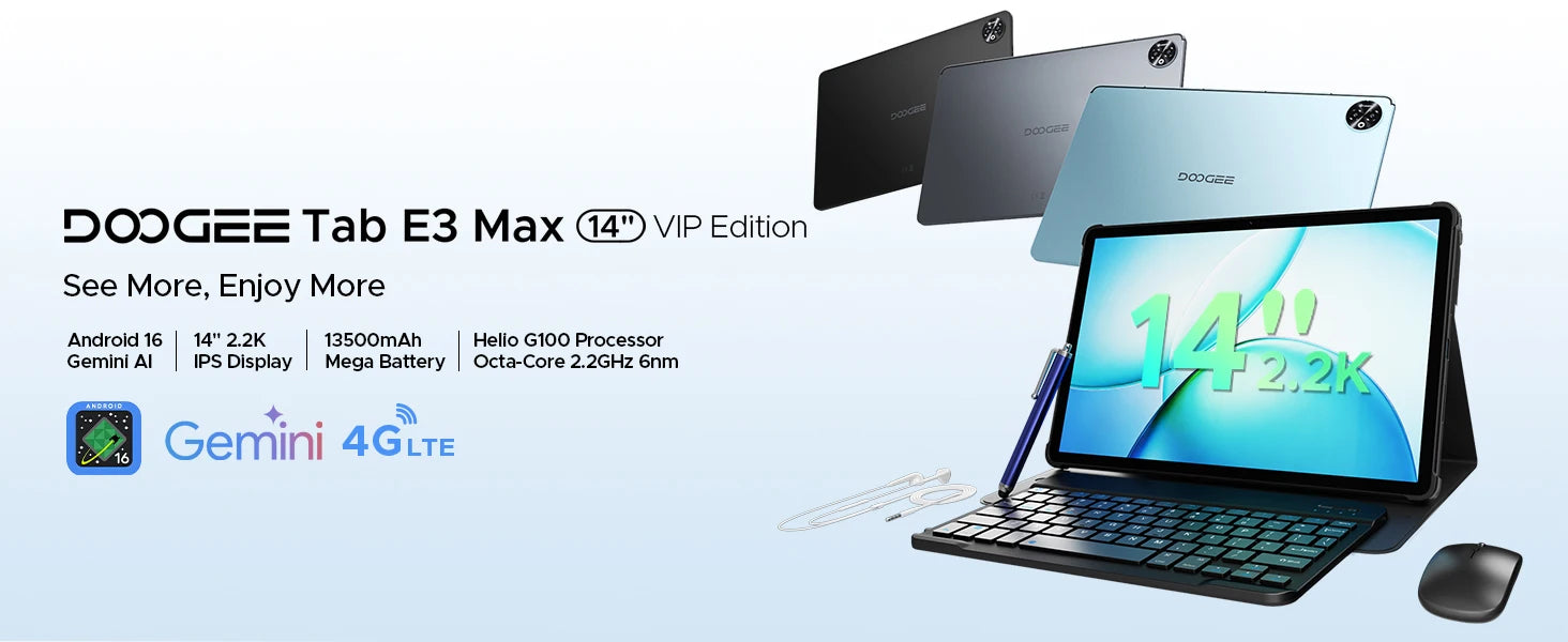 DOOGEE Tablet-PC 2-in-1 Tab E3 Max Gmini AI 14-Zoll-Bildschirm 2.2K Akku mAh Android 16 48GB (8 + 40) 256 GB Helio G100 AI Tablet