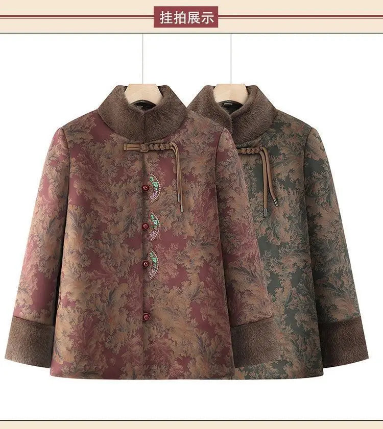 Damenmantel im chinesischen Stil mit Blumenmuster, gefüttert mit Fleece, aus Baumwolle, dicker Wintermantel, Tang-Anzugjacke für ältere Damen, Mütter und Großmütter.