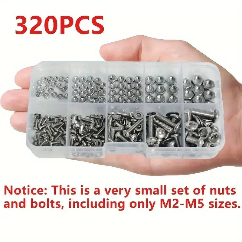 Hex Nut and Bolt Set - 320pcs/120pcs, Durable Metric Sizes M2 - M5, Universal Hardware Kit for DIY Projects and Repairs.