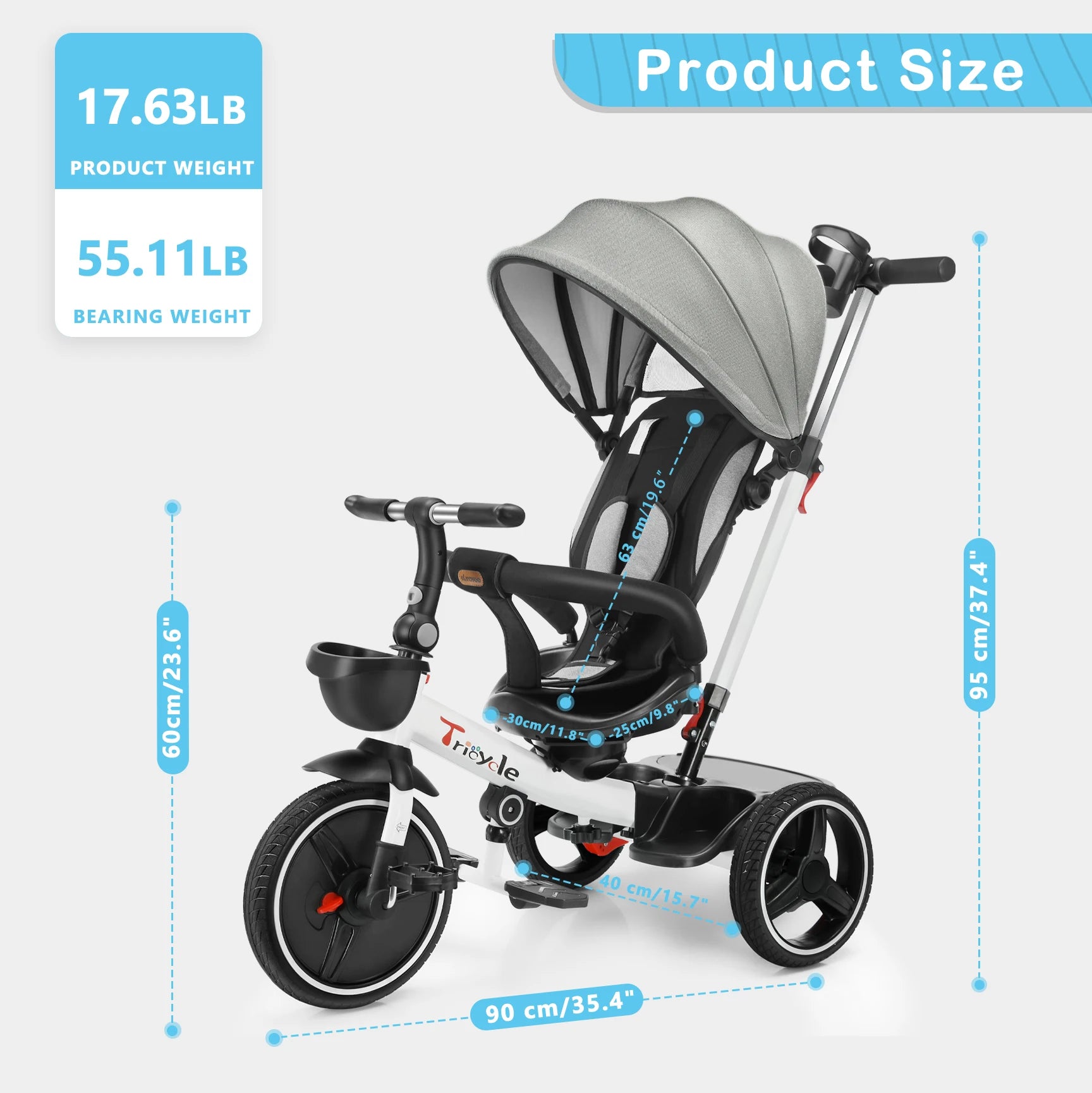 Baby-Dreirad, 6-in-1-Baby-Push-Bike-Lenkwagen, Lern-Fahrrad für Kleinkinder/abnehmbare Geländer, verstellbares Baldachin