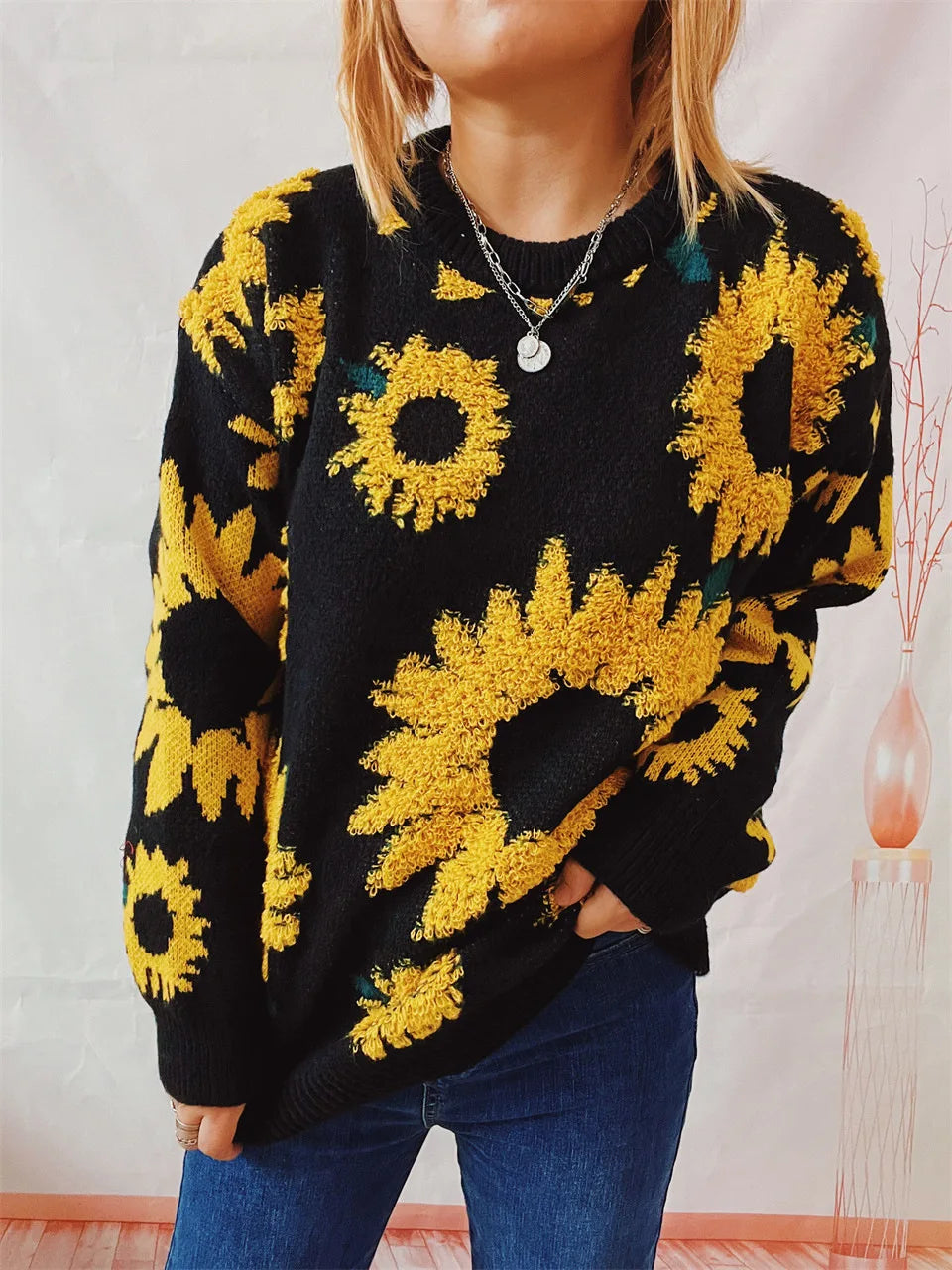 Damen Herbst Pullover Damen Mode Rundhalspullover mit Blumendruck, vielseitig einsetzbar für Herbst und Winter Herbst Pullover Damen