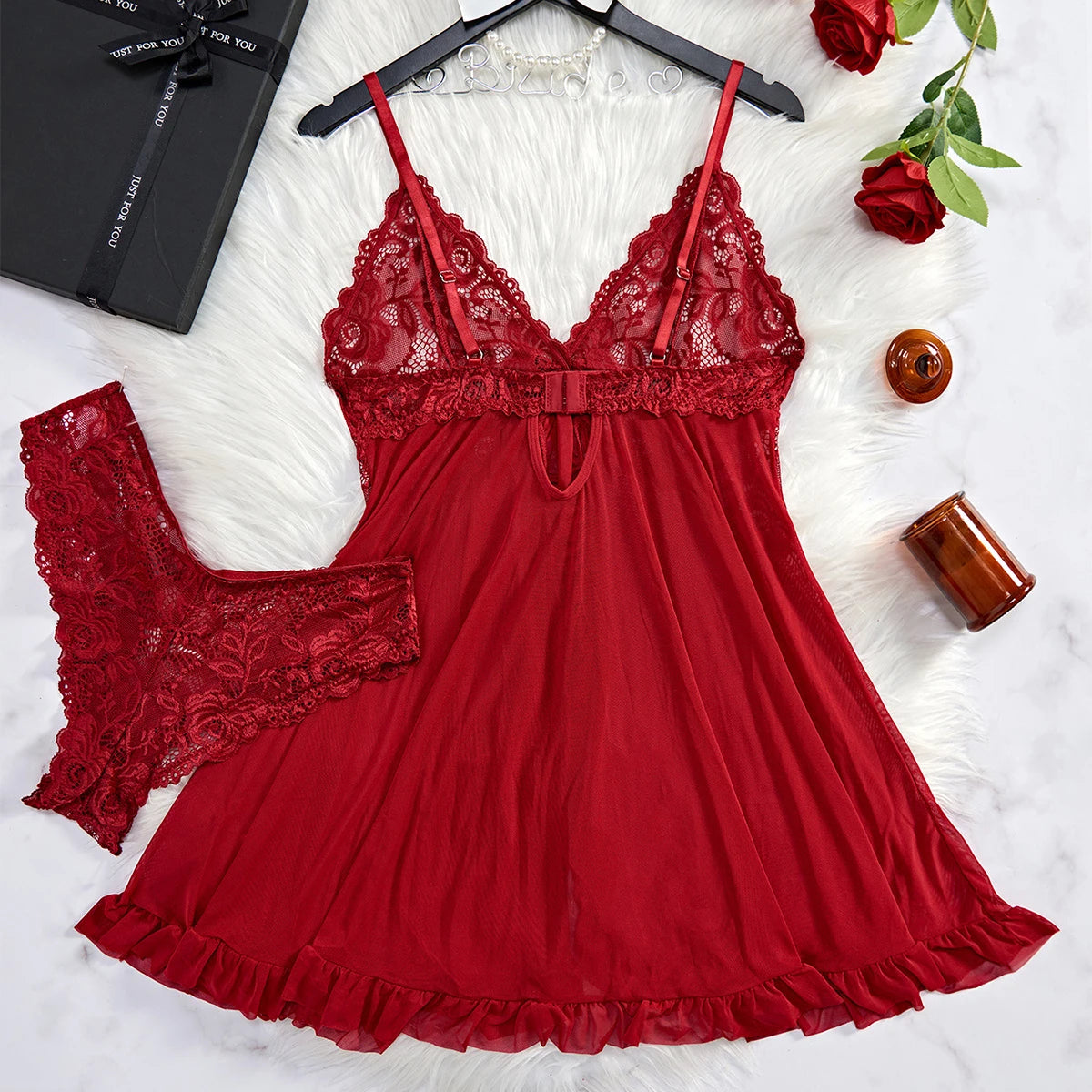 Sommer Sexy Dessous Kleid Frauen Spitze Durchsichtig Nachthemd Nachtwäsche Solide Schlank Weiche V-ausschnitt Voll Slip Nachtwäsche & Kleider