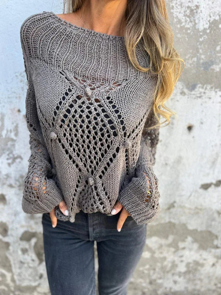 Hohl Einfarbig Langarm Gestrickte Rundhals Lange Vielseitige Pullover Herbst Pullover Damen Roupas De Inverno Feminina Mulher