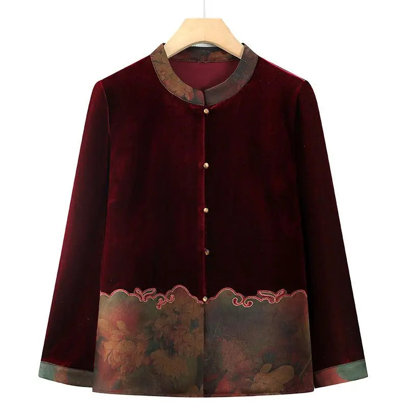 Samtjacke für ältere Frauen, Frühling/Herbst, Blumenmuster, Stehkragen, lange Ärmel, locker geschnittener Mantel für alte Großmütter