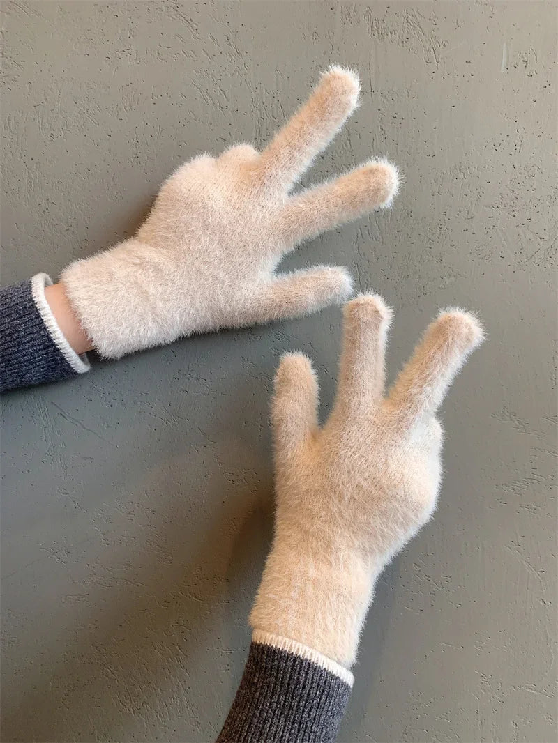 Mode Winter Nerz Samt Fünf Finger Handschuhe Plüsch Warme Kalt-proof Handschuhe Frauen Im Freien Radfahren Einfarbig Wistiti Fäustlinge