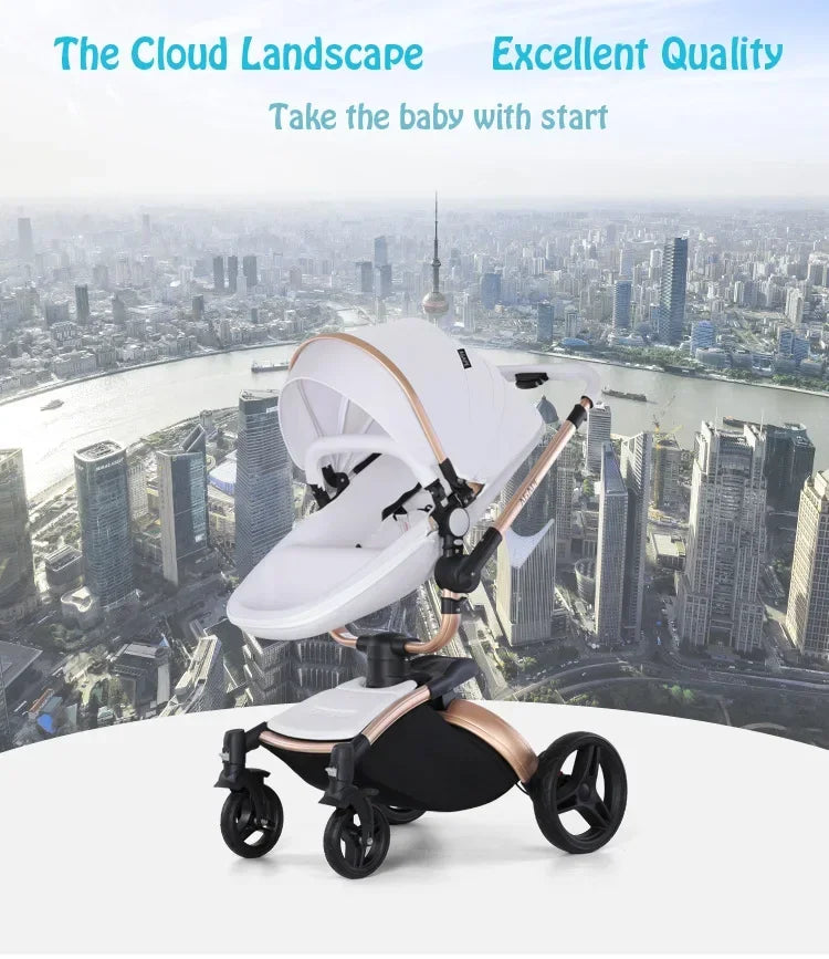 Kinderwagen 3in1 mit abnehmbarem Korb im Autositz. Hochformatige Eierschale aus PU-Leder, Babywagen, Luxuswagen für Babyautos