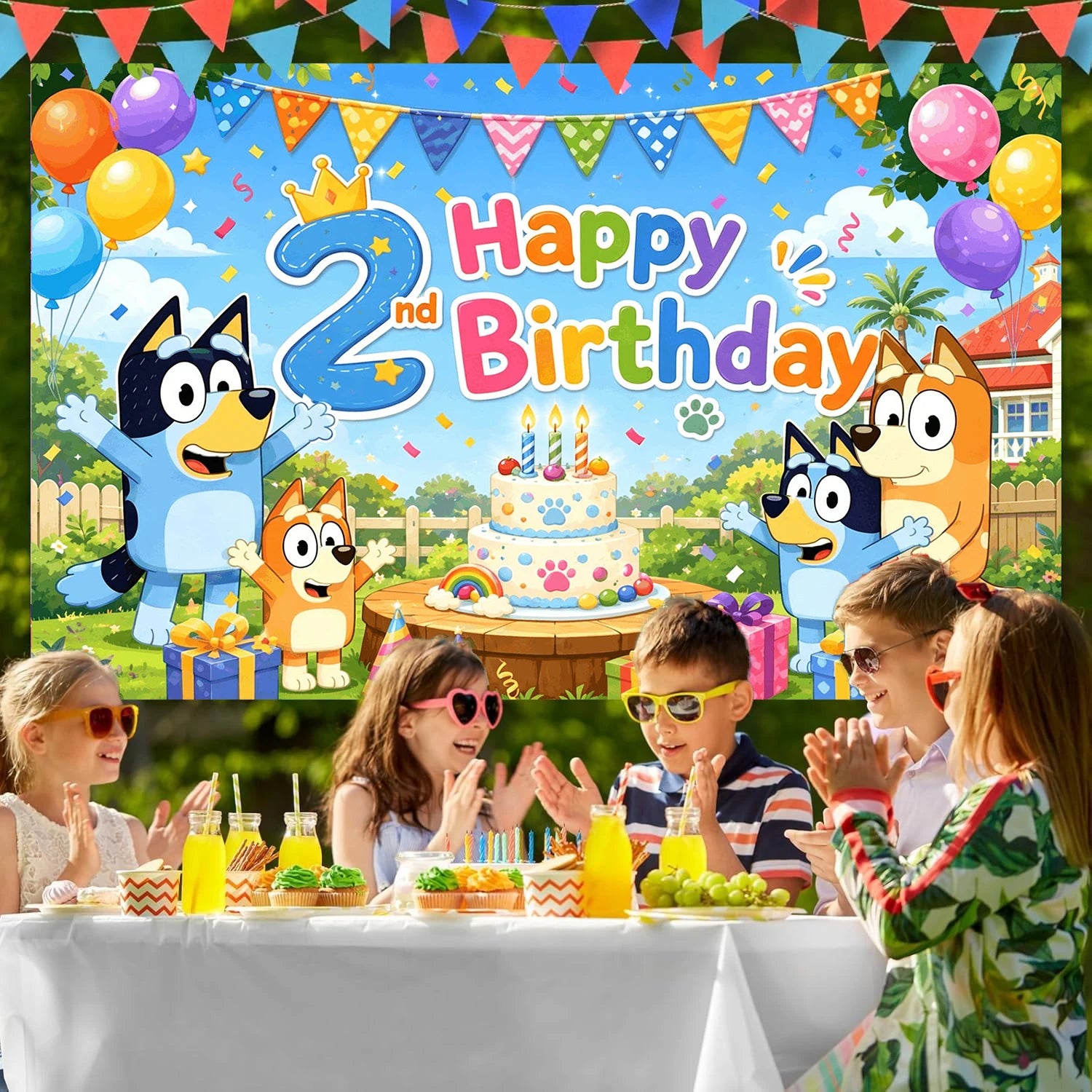 Kinder 2 Jahre Geburtstag Stoff-Hintergrund Bluey Themenparty Cartoon-Dekoration Kuchen Ballons Flaggen Geschenke Fotowand Kinderparty