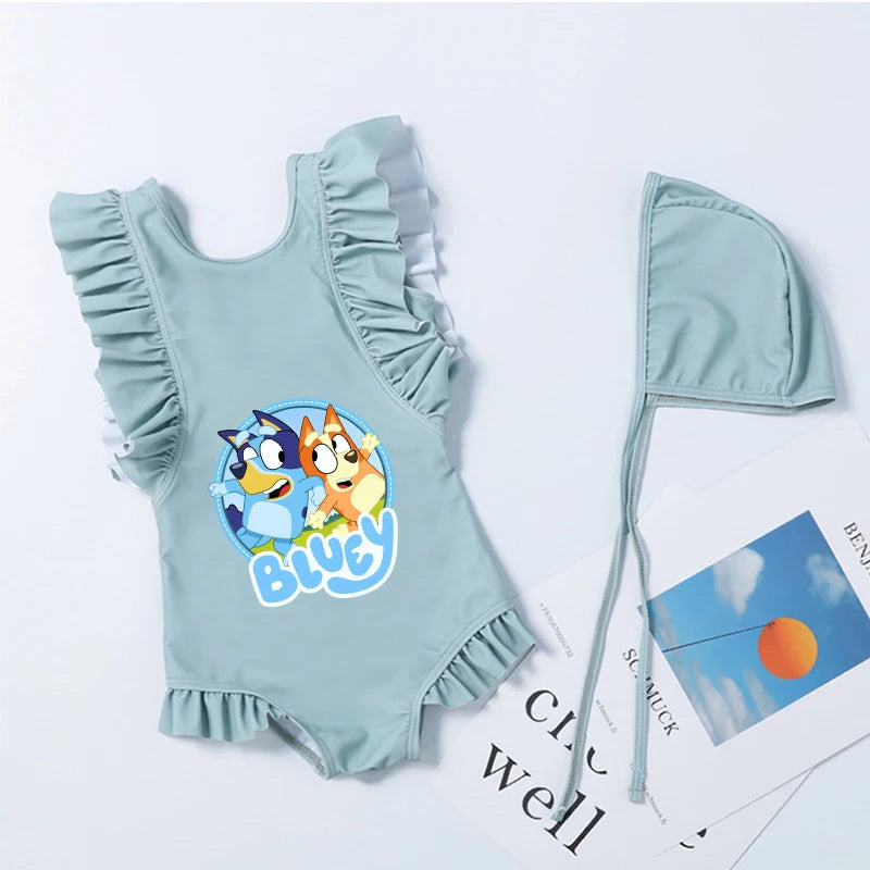 Cartoon Bluey Mädchen Sommer-Badeanzüge Kinder Einteilige & Bikini-Sets mit Badekappe Strandkleidung Bademode für Kinder