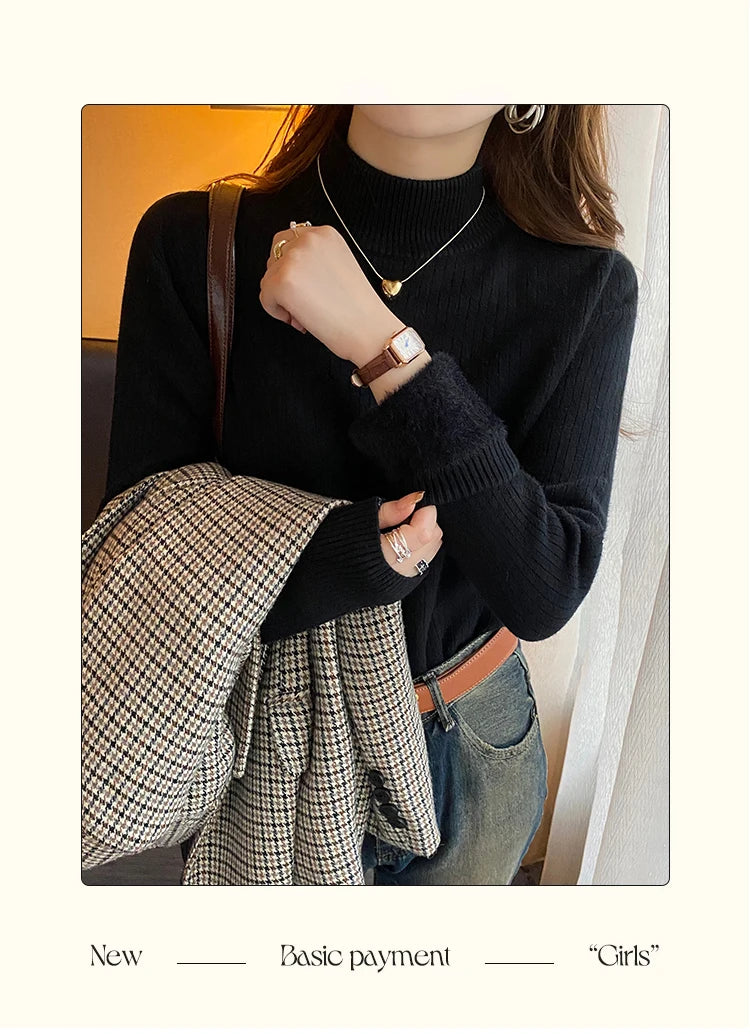 Damen Rollkragenpullover Winter 2026 Retro mit Samtfutter Verdicktes Thermounterhemd Strickpullover