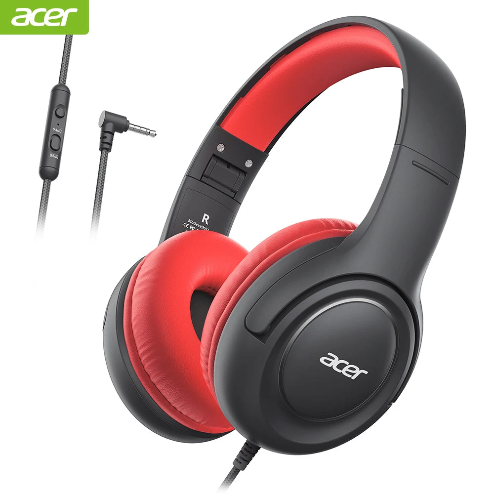 Acer Kinder-Kopfhörer, kabelgebunden, für die Schule, 85/94 dB Lautstärkeregler, faltbares Stereo-Sound-Headset für Kinder, Lerntablett, IPad, PC
