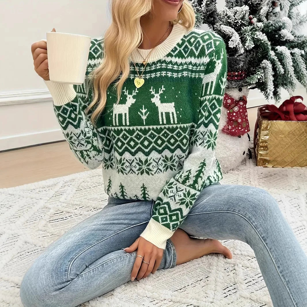 Weihnachten frauen Pullover Langarm Rundhals Elch Druck Festliche Vielseitige Pullover Sueter Frauen Winter Herbst Pullover Damen