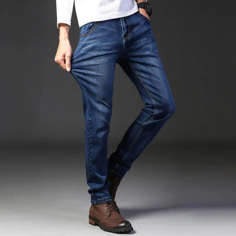 Men's Jeans, Casual Straight Leg Work Jeans, Elastic, Fashionable, Classic, Blue and Black, Men's Branded Clothing