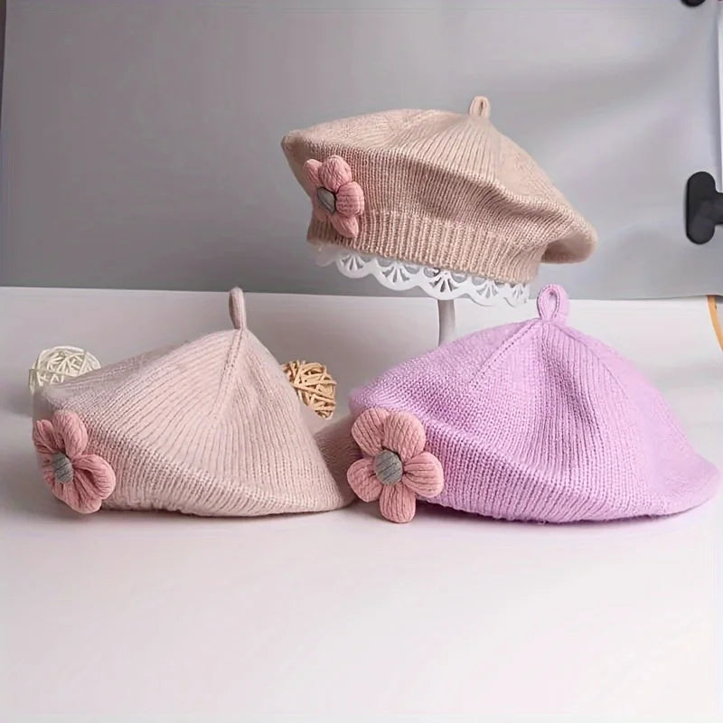 Blume Baby Baskenmütze Hut Winter Warme Gestrickte Beanie Cap für Kleinkind Mädchen Koreanische Kleinkind Prinzessin Künstler Einfarbig Maler Kappen