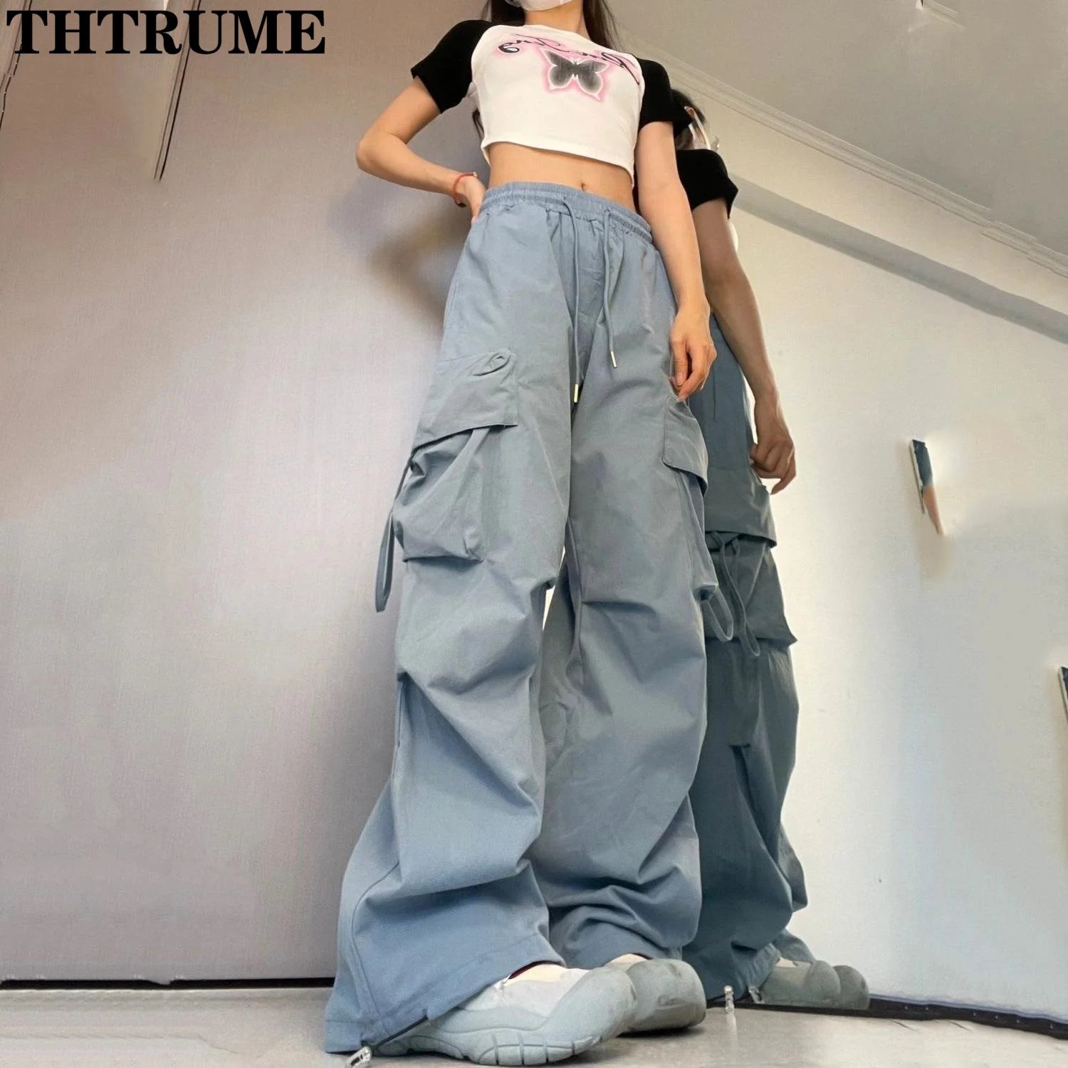Retro Vintage High Street Baggy Hosen Mode Frauen Übergroßen Kordelzug Tasche Neue Hose Casual Streetwear Lose Jogger Hosen
