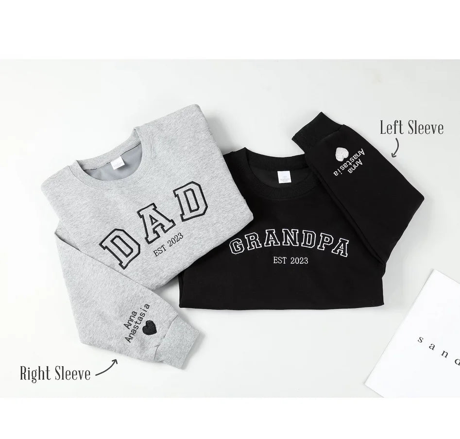 Individuell besticktes Sweatshirt, Name auf Ärmel mit Herz, Opa-Shirt mit Datum, Papa est Jahr Shirt, benutzer definiertes Geschenk für neuen Vater