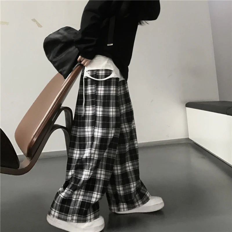 Oversize Frauen Jogginghose Mode Schwarz Plaid Casual Hosen Baggy Elastische Taille Taschen Student Unisex Hip Hop Lose Hosen