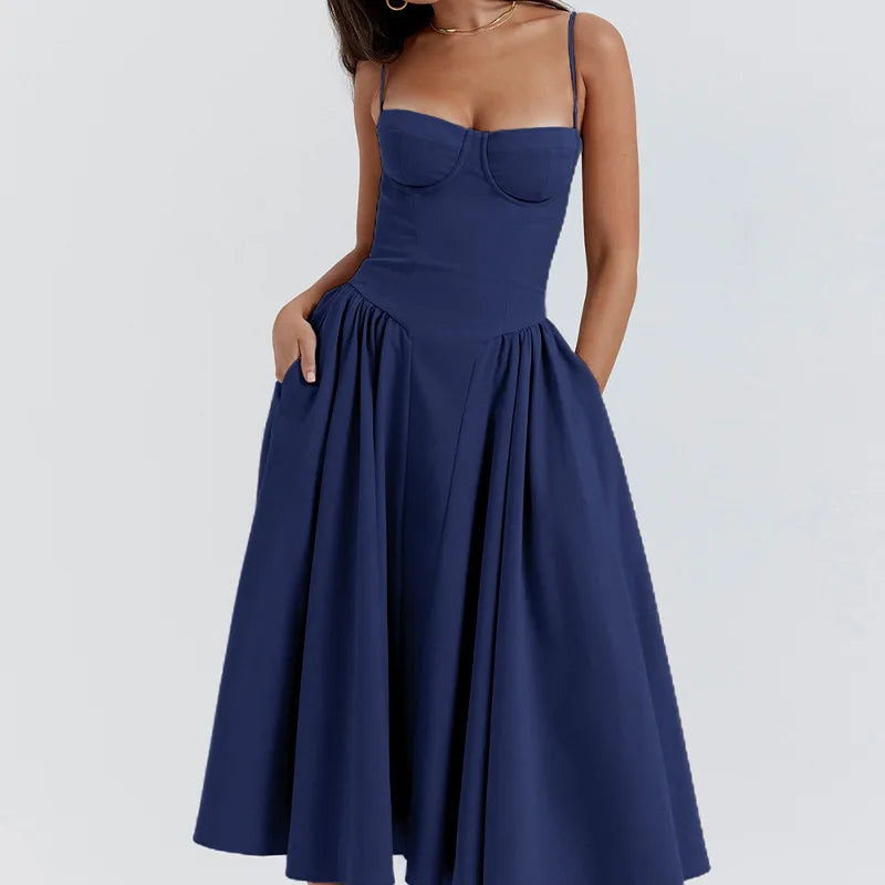 Sommer Frauen elegante ärmellose rücken freie Falten kleider Dame sexy feste Schlinge Midi-Kleid 2024 weibliche Party Abend A-Linie Roben