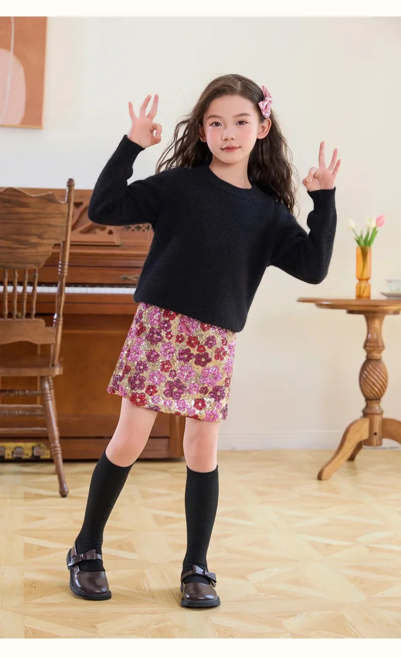 Mädchen Paillettenrock Blumenmode A-Linie Kurzer Rock für Kinder bestickt Elegante Prinzessin Herbst Winter Teen Kinder Kostüme