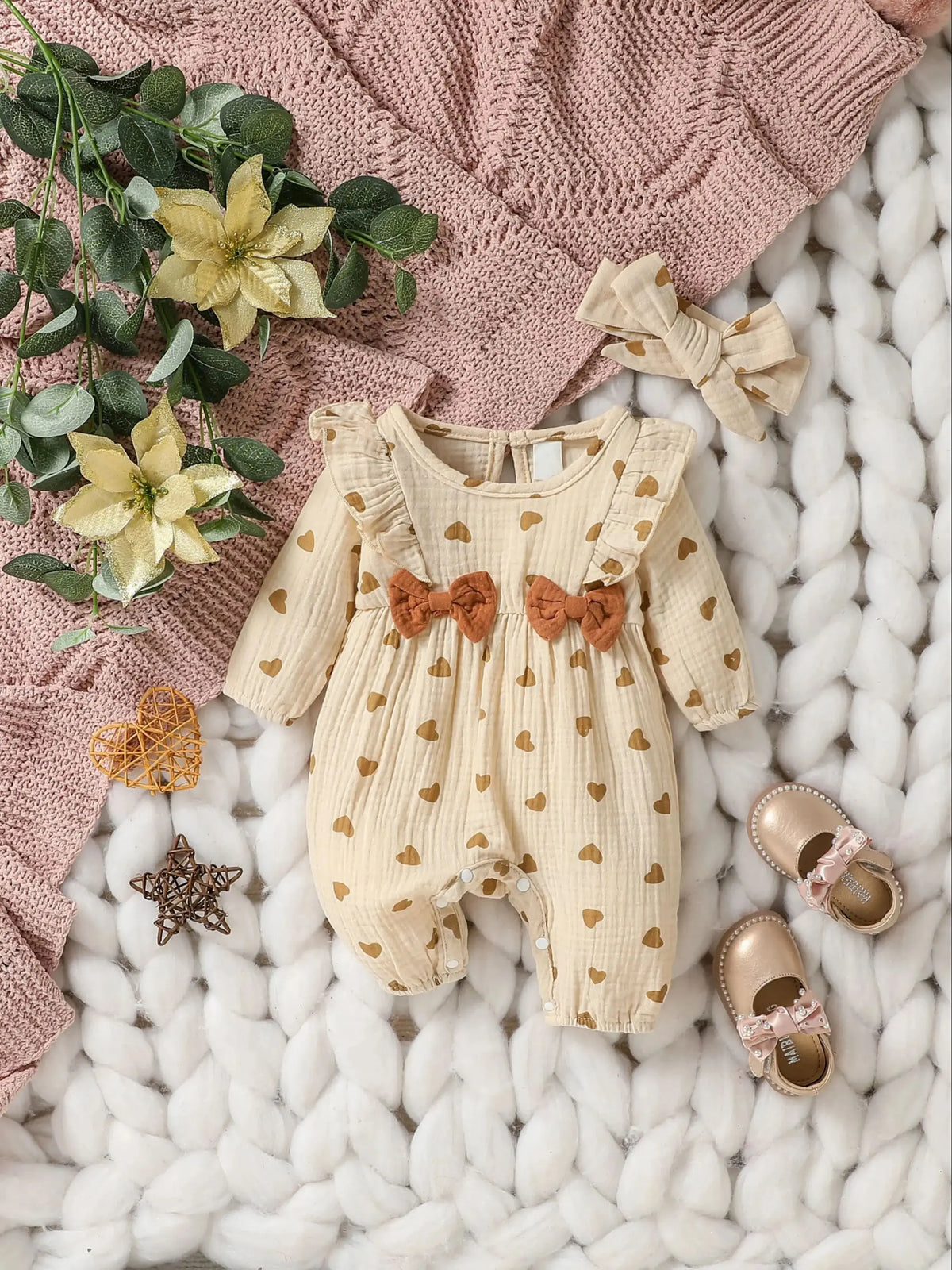 Baby Mädchen Sommer Langarm Druck Liebe mit Schleife für lässigen täglichen Baumwolloverall
