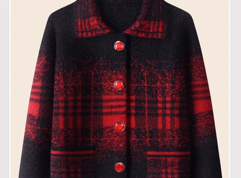 Strickjacke für Ältere Frauen mit Umlegekragen, Karomuster, Dick, Warm, mit Knöpfen, Wintermantel für Mütter und Großmütter