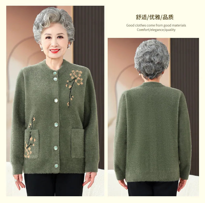 Oma Dicke Warme Nerz Samt Pullover Top Winter Mittleren Alters Mutter Draußen Tragen Strickjacke Jacke Vintage Frauen Gestrickte Mantel