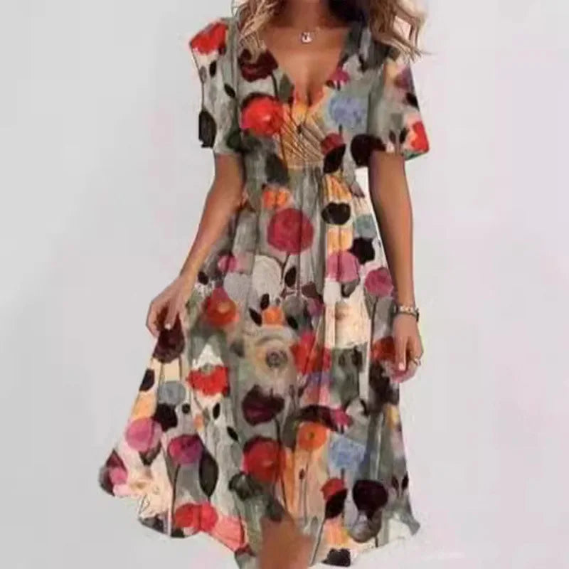 Elegantes und modisches bedrucktes knielanges Kleid für Damen 2026 – Neues, lockeres, lässiges V-Ausschnitt-Kleid mit Blumenmuster für Frauen