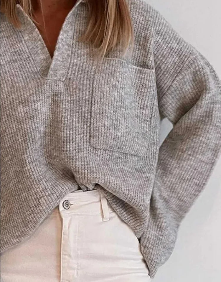 Neue Herbst Modus 2025 Pull Femme Einfarbig Tasche Stricken Lose Revers Büro Pendler Pullover Pullover Trikots Mujer Talla Grande
