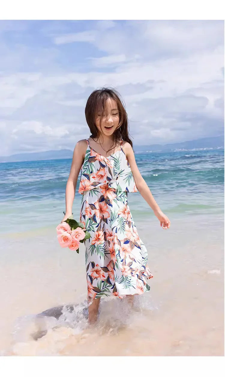 Family Look Vacation Beachwear Mother Daughter Sleeveless Dress Dad Son Matching Floral Shirt Set Parent-Child Holiday Outfits