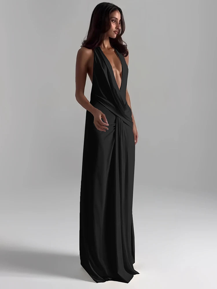 Sisterlinda Sexy High Splits Langes Kleid Frauen Halter Tiefem V-ausschnitt Backless Ärmellose Sommer Pool Party Geraffte Elegante Vestidos