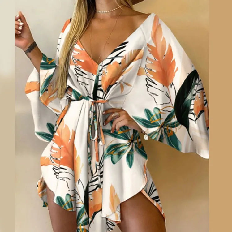 Frauen Print Kleid Sexy V-ausschnitt Fledermaus Ärmel Rüschen Blumen Drucken Böhmischen Strand Sommerkleid Damen Lose Sommer Urlaub Mini Kleider