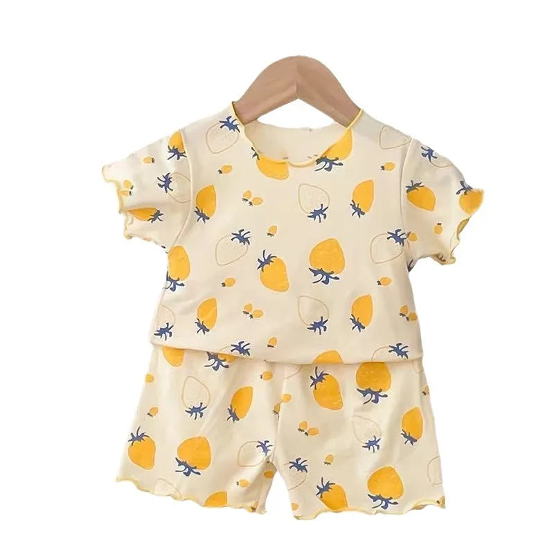 Erdbeer-Pyjama-Set für Babymädchen, Sommer, kurzärmelig, dünn, zweiteilig, Kleinkinder-Schlafanzug, Baby-Heimkleidung