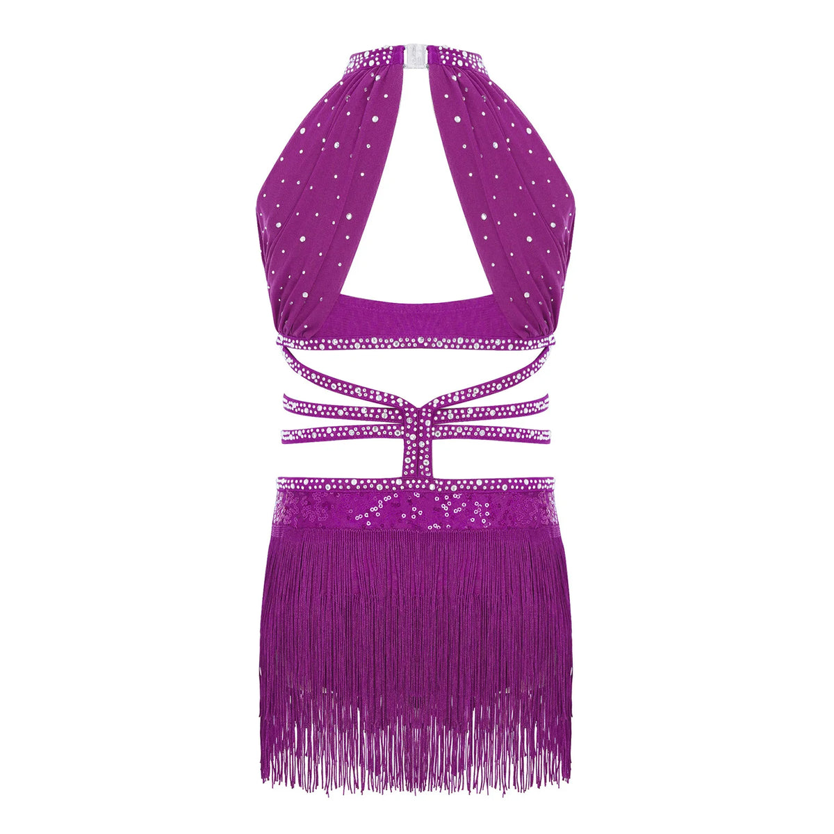 Glitzerndes Pailletten-Lateintanzkleid für Mädchen, Salsa, Jazz, Tango, ärmellos, gerüschtes Mesh-Overlay, Oberteil mit Quasten, Leotard-Kleid