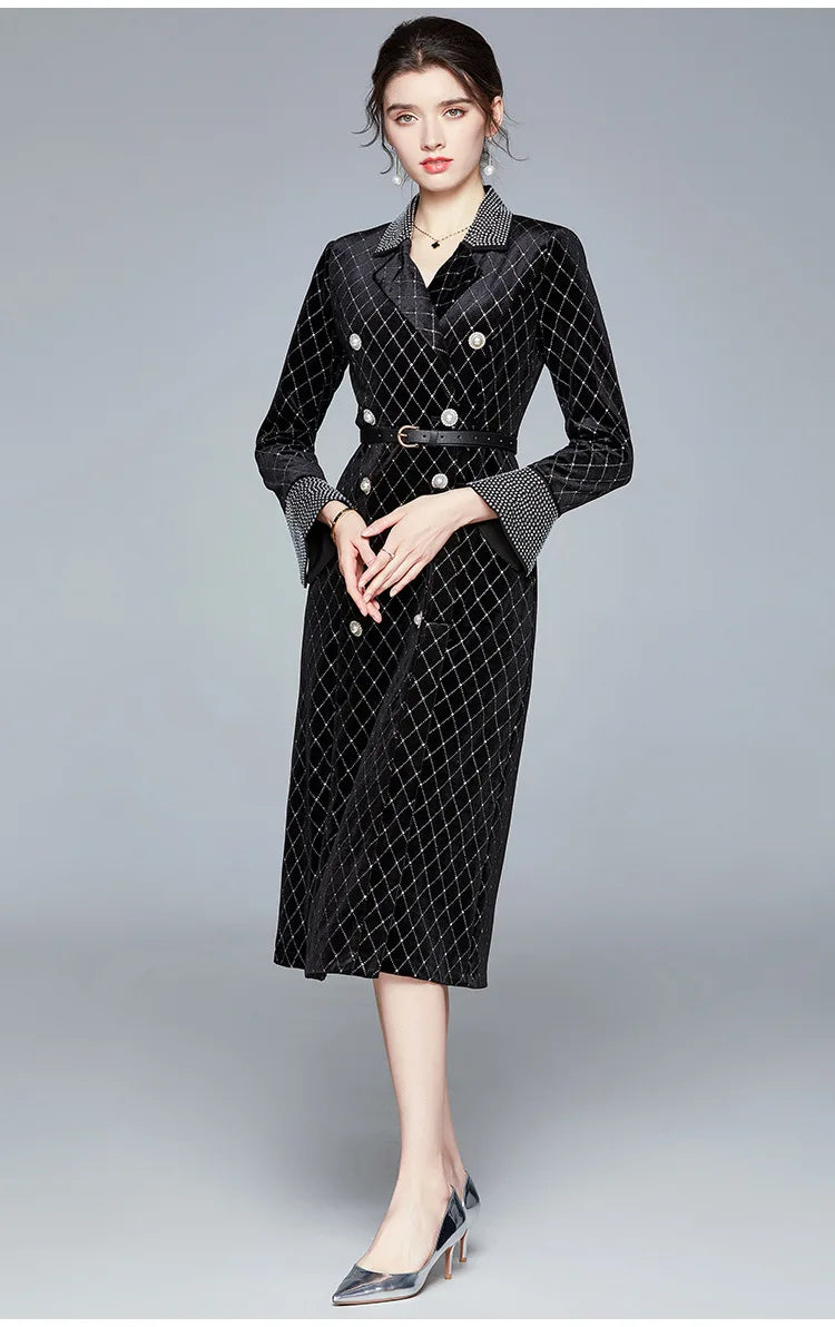 Frauen neue zweireihige kleid bohrer perle samt graben mantel herbst kaminsims damen