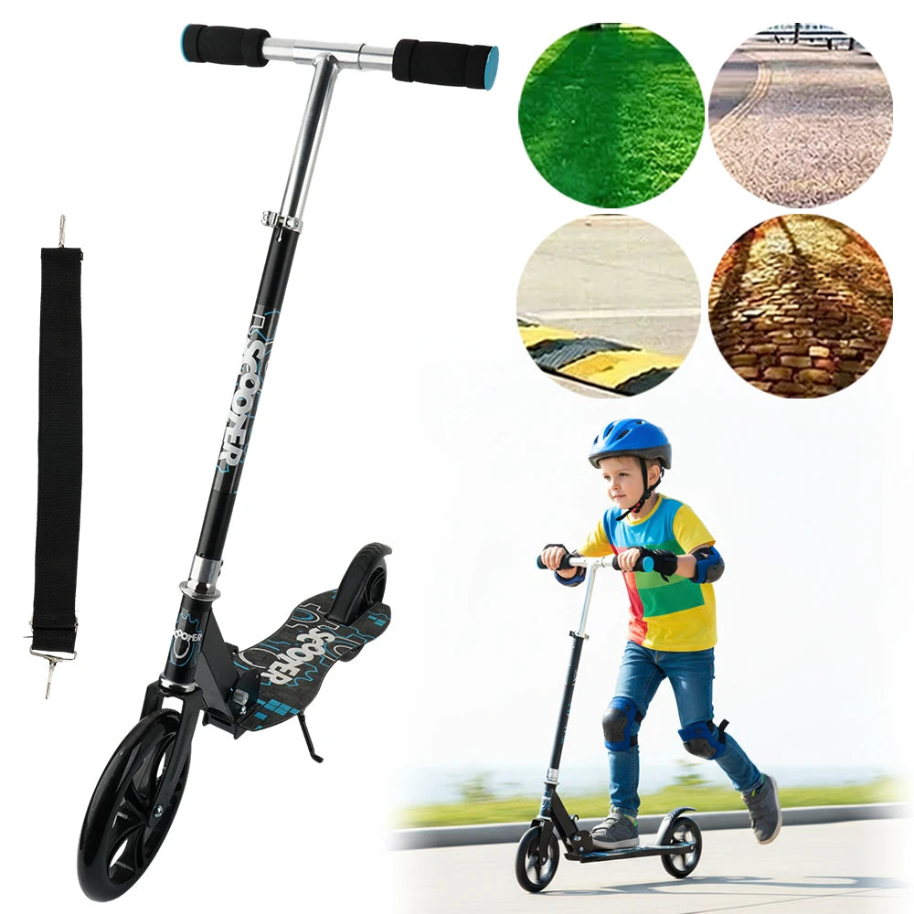 Der Roller ist höhenverstellbar und verfügt über ergonomische Lenker und eine Hinterrad-Reibungsbremse.